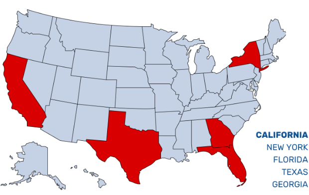 Map of the USA with 5 highlighted states: California, New York, Florida, Texas and Georgia